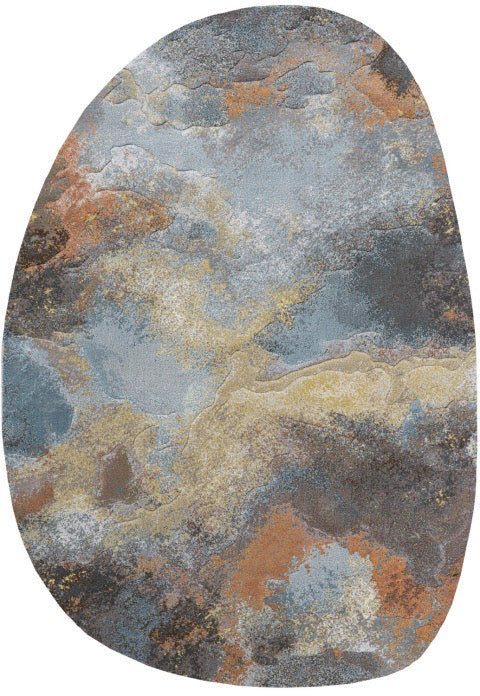 Pebble shaped version of the Tapison Home Torino 063.0934.7270 rug in grey blue, rust orange and ochre