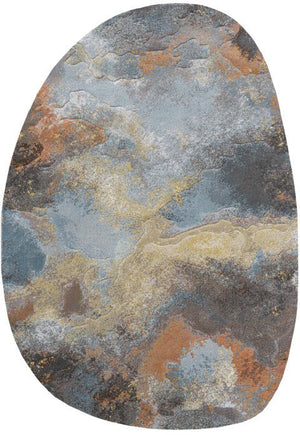 Pebble shaped version of the Tapison Home Torino 063.0934.7270 rug in grey blue, rust orange and ochre