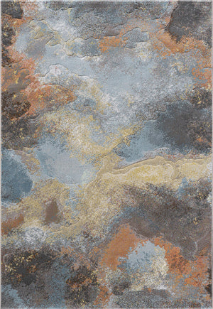 Tapison Home Torino 063.0934.7270 rug seen from above, abstract cloud pattern in grey blue, rust orange and ochre