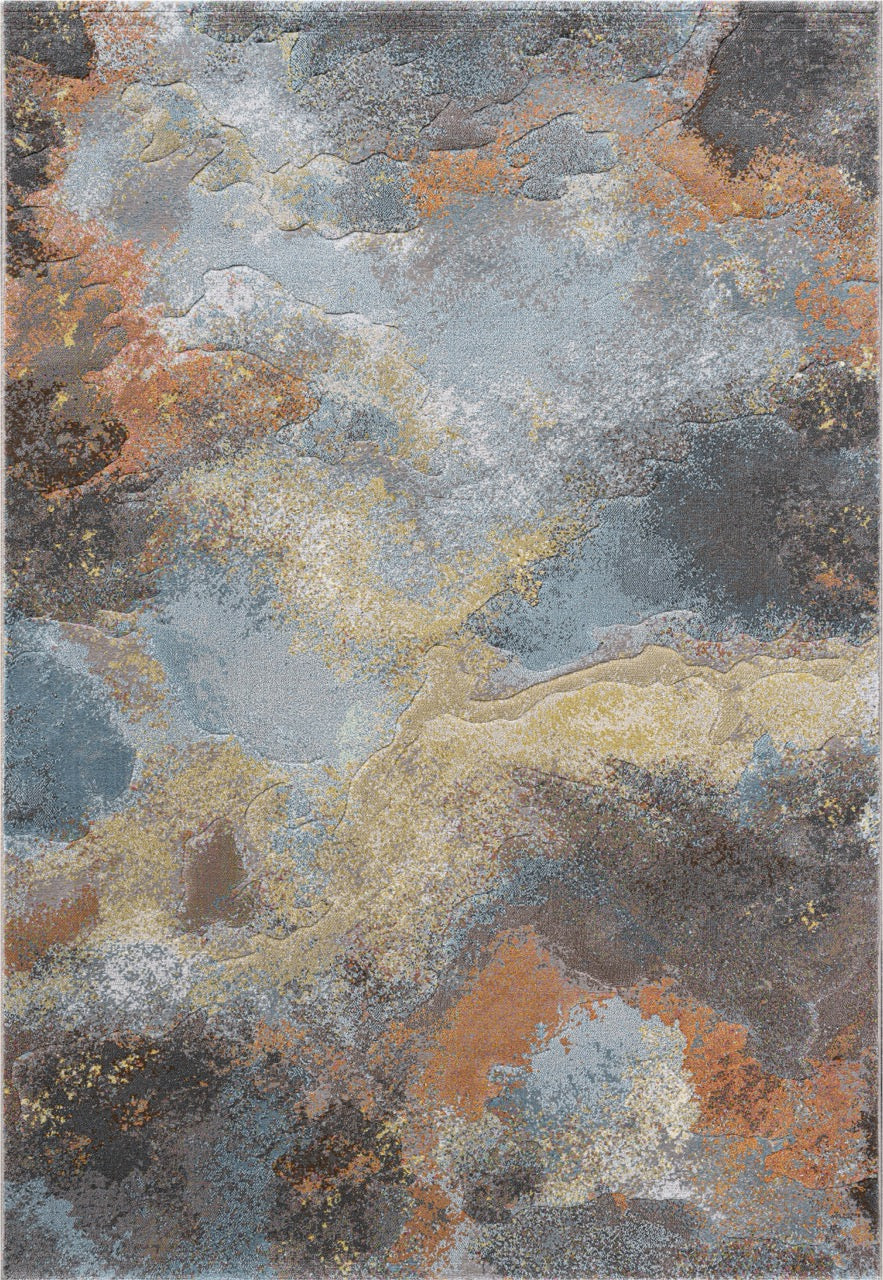Tapison Home Torino 063.0934.7270 rug seen from above, abstract cloud pattern in grey blue, rust orange and ochre