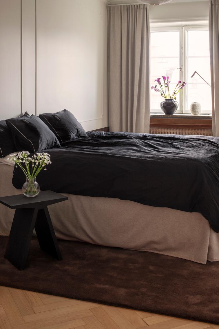 Brown Wool Rug, Layered Solid Wool Chicory Coffee, in a bedroom