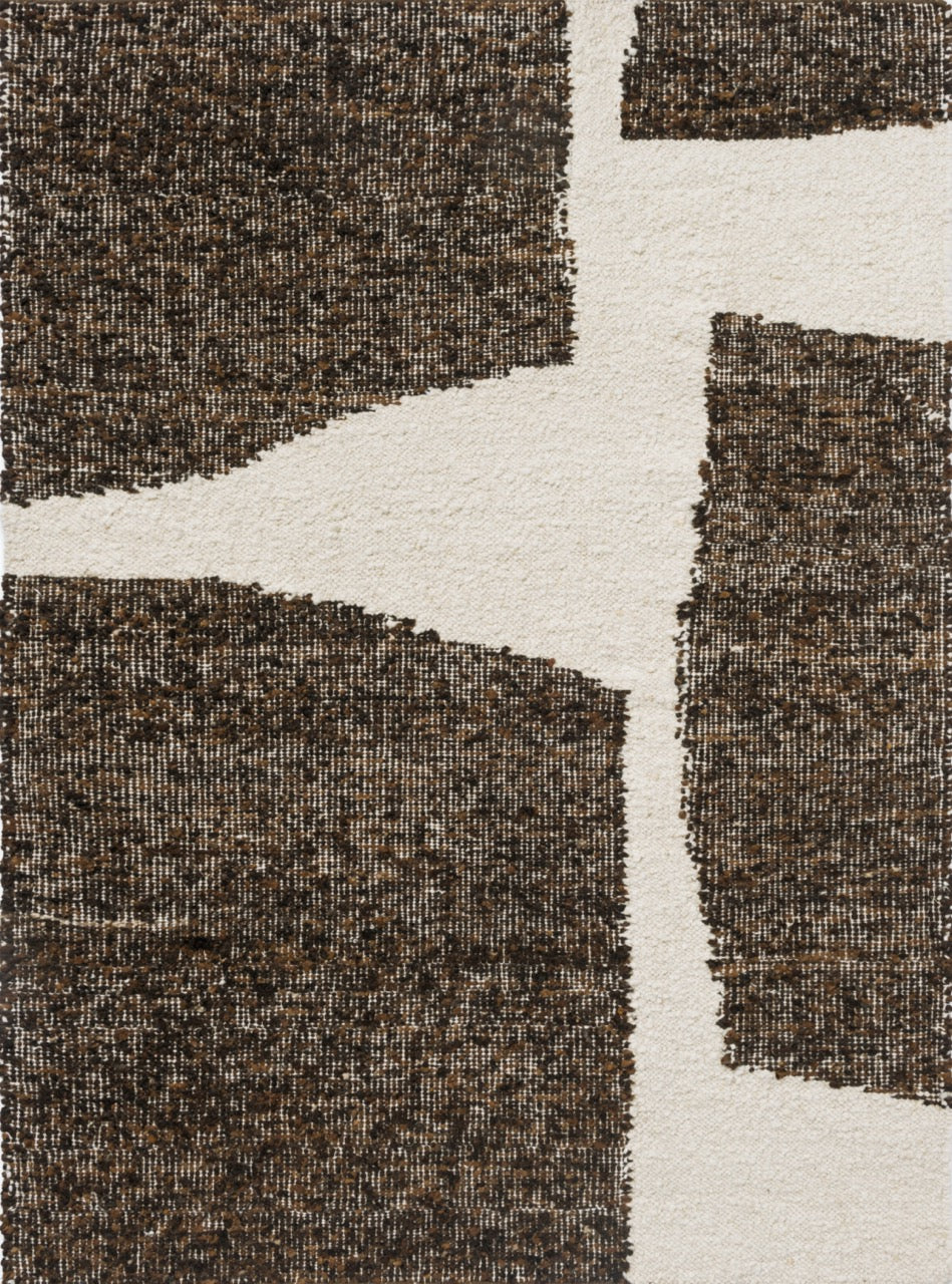 Full top-down view of geometric wool rug in cream and chocolate earth tones