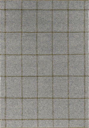 Handwoven wool rug with soft check pattern in muted olive and slate tones