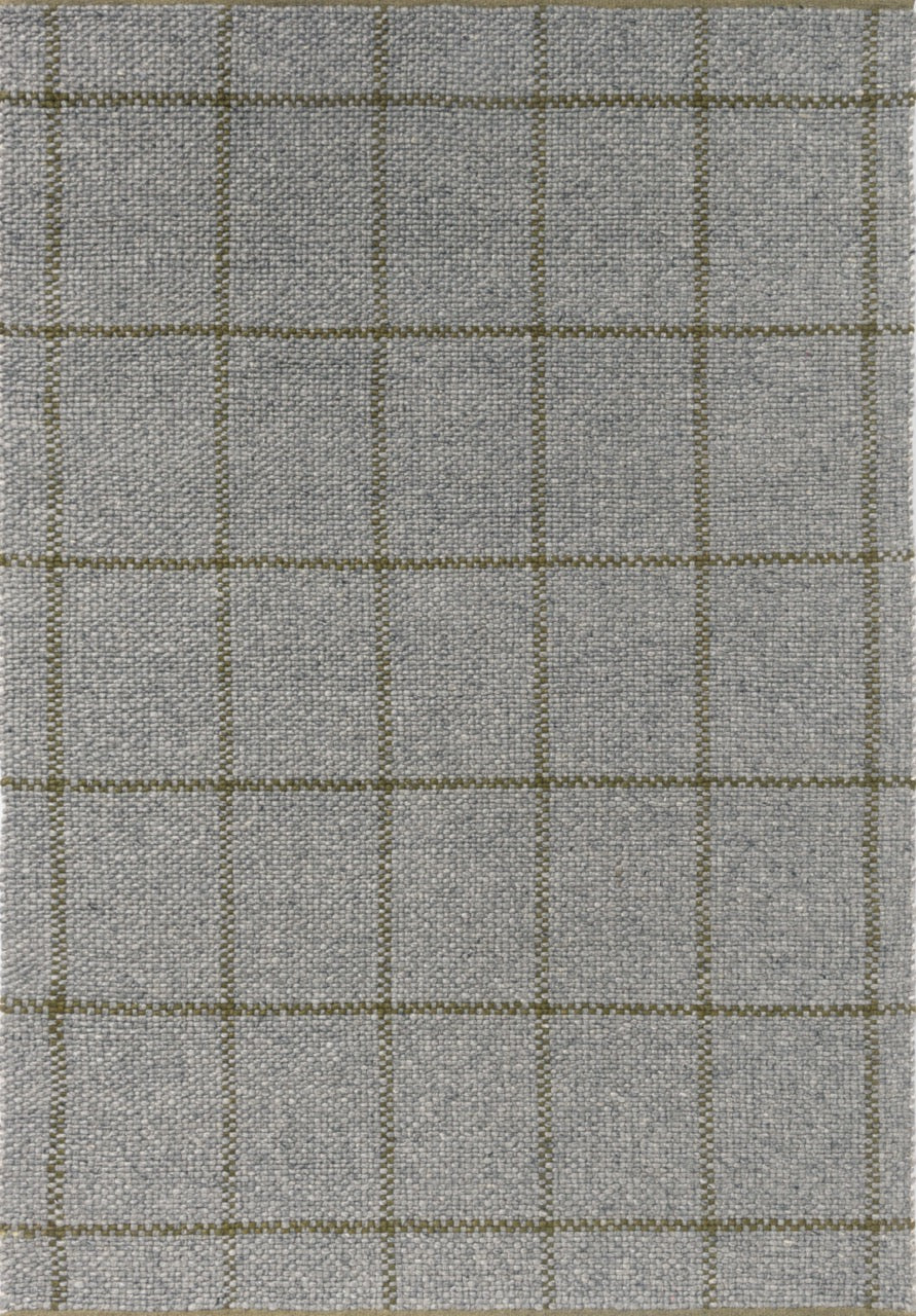 Handwoven wool rug with soft check pattern in muted olive and slate tones