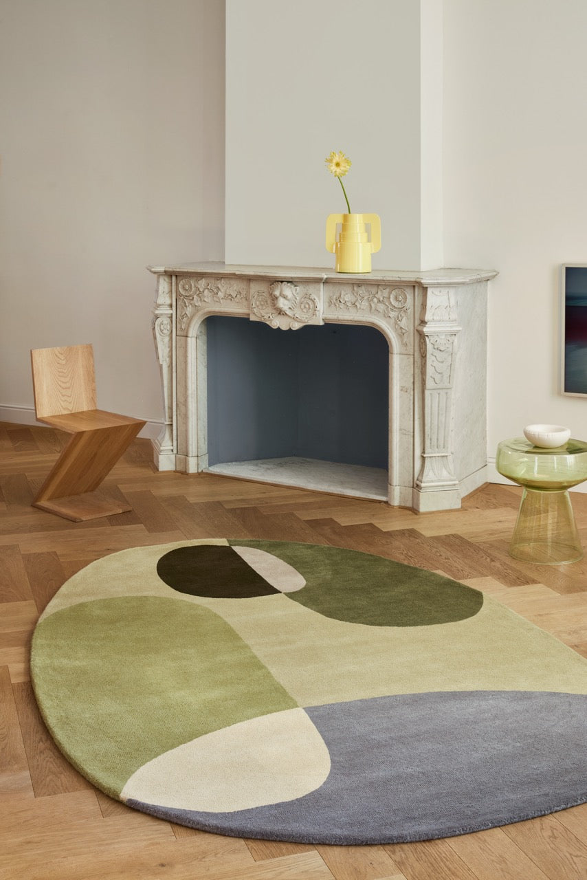 Brink & Campman Decor Miller Summer rug in sage green, forest green and dove grey, shown in an interior