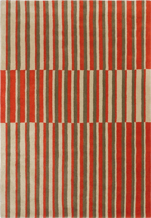 Brink & Campman Decor Pilar Coral rug in coral red with olive green and cream stripes, top view