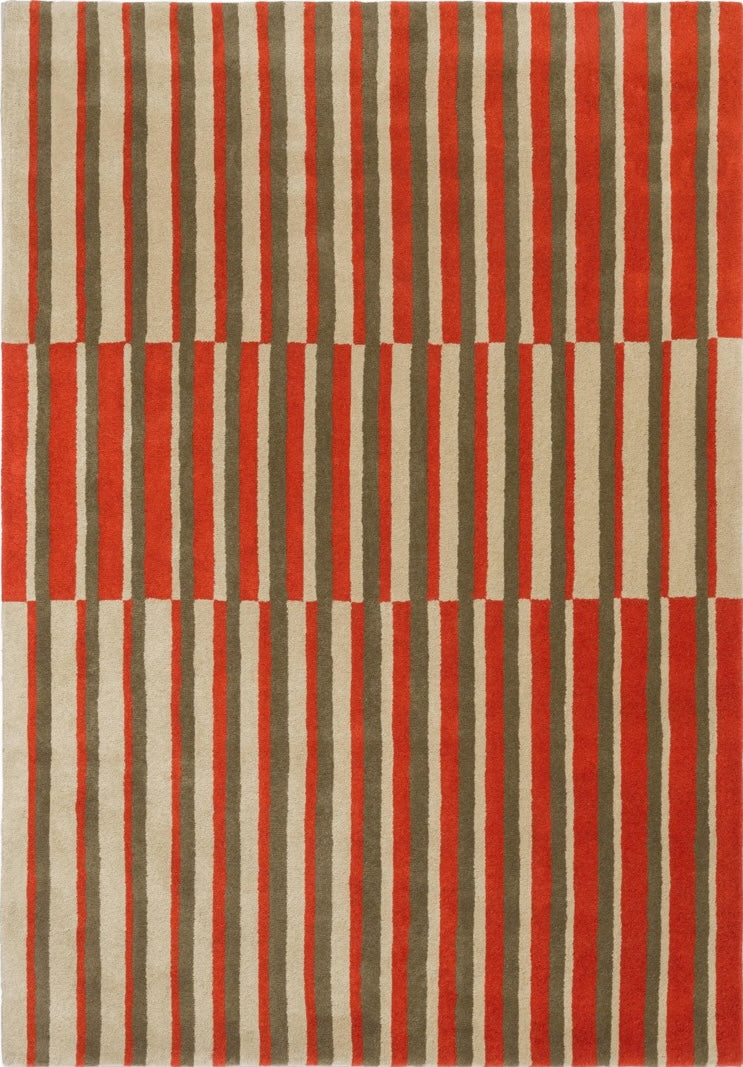 Brink & Campman Decor Pilar Coral rug in coral red with olive green and cream stripes, top view