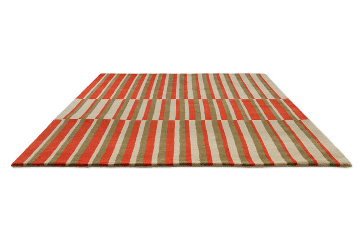 Brink & Campman Decor Pilar Coral rug in coral red with olive green and cream stripes, perspective view