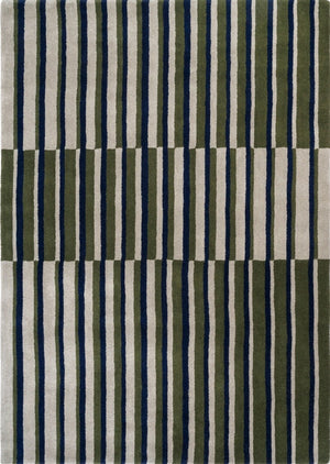 Brink & Campman Decor Pilar Moss rug in moss green with navy blue and light grey stripes, top view