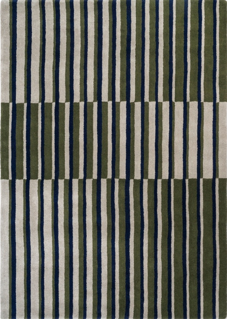 Brink & Campman Decor Pilar Moss rug in moss green with navy blue and light grey stripes, top view