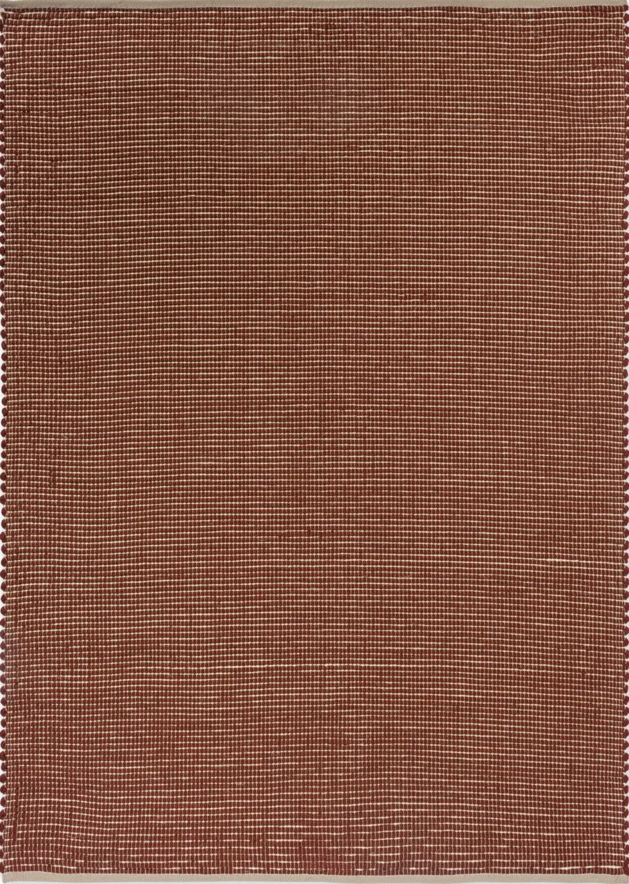 Top-down view of Frame Brick rug showing tonal red border design