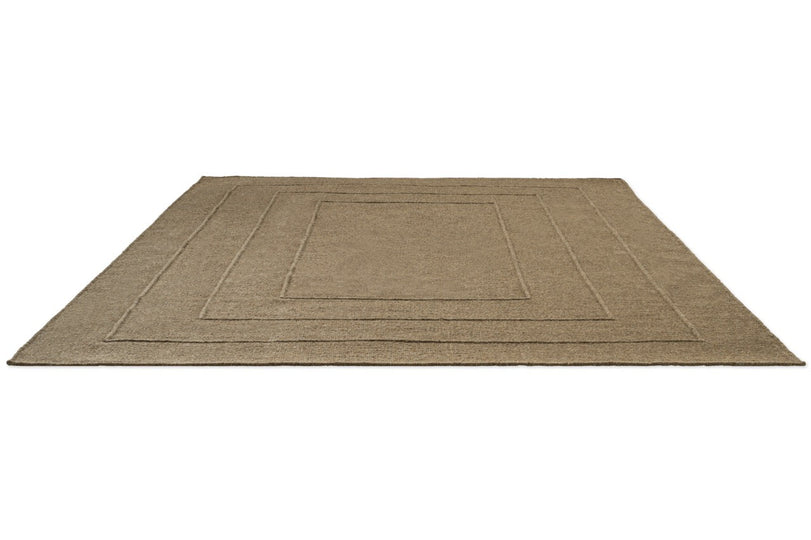 Brink & Campman Senso Border Fur Brown rug in camel brown with three frames in relief, perspective view