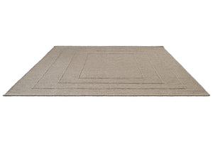 Brink & Campman Senso Border Soft Taupe rug in grey taupe with three frames in relief, perspective view