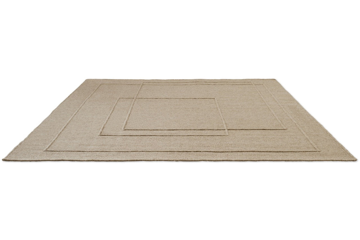 Brink & Campman Senso Planes Natural rug in sand beige with overlapping rectangles in relief, perspective view