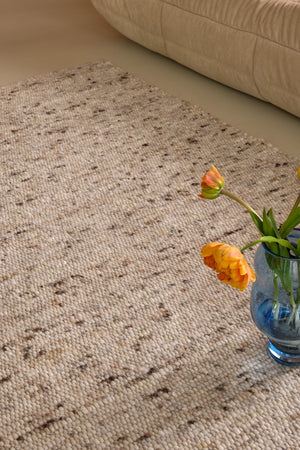 Brink & Campman Sober Natural rug in oatmeal beige and cream with brown flecks, shown in an interior, second view