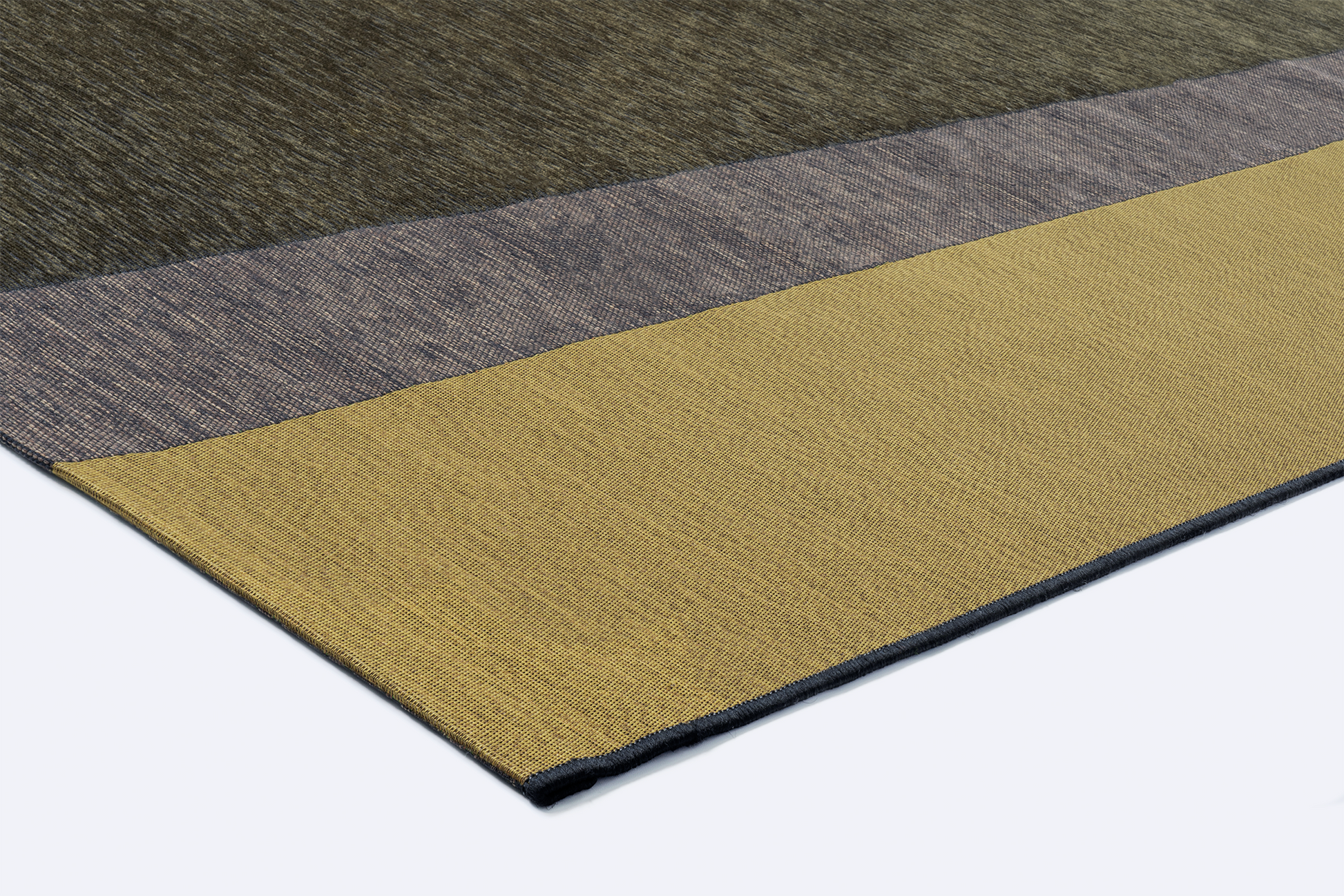 Corner detail of Acsento Capri Gold Olive rug highlighting precise edges and slim woven structure

