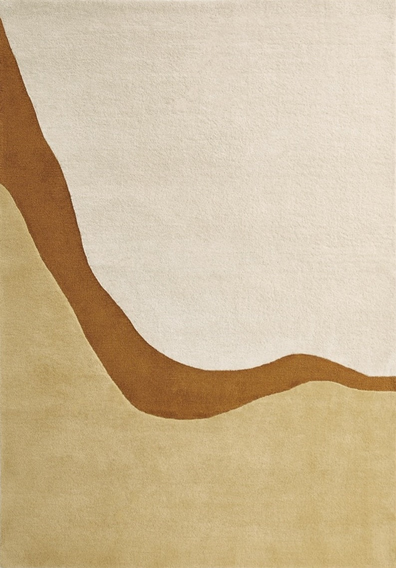 Top-down image of Acsento Figari Gold wool rug revealing its complete geometric layout in rich gold

