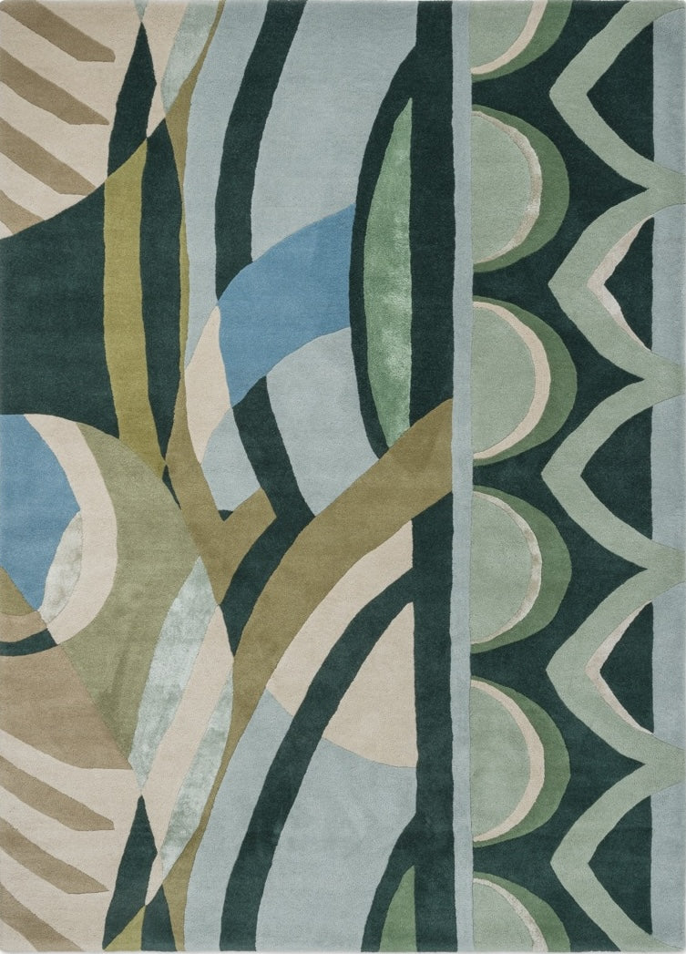 Harlequin Atelier Lagoon rug in bottle green, sea green and sky blue, top view