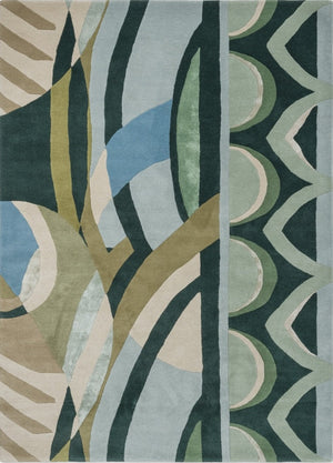 Harlequin Atelier Lagoon rug in bottle green, sea green and sky blue, top view