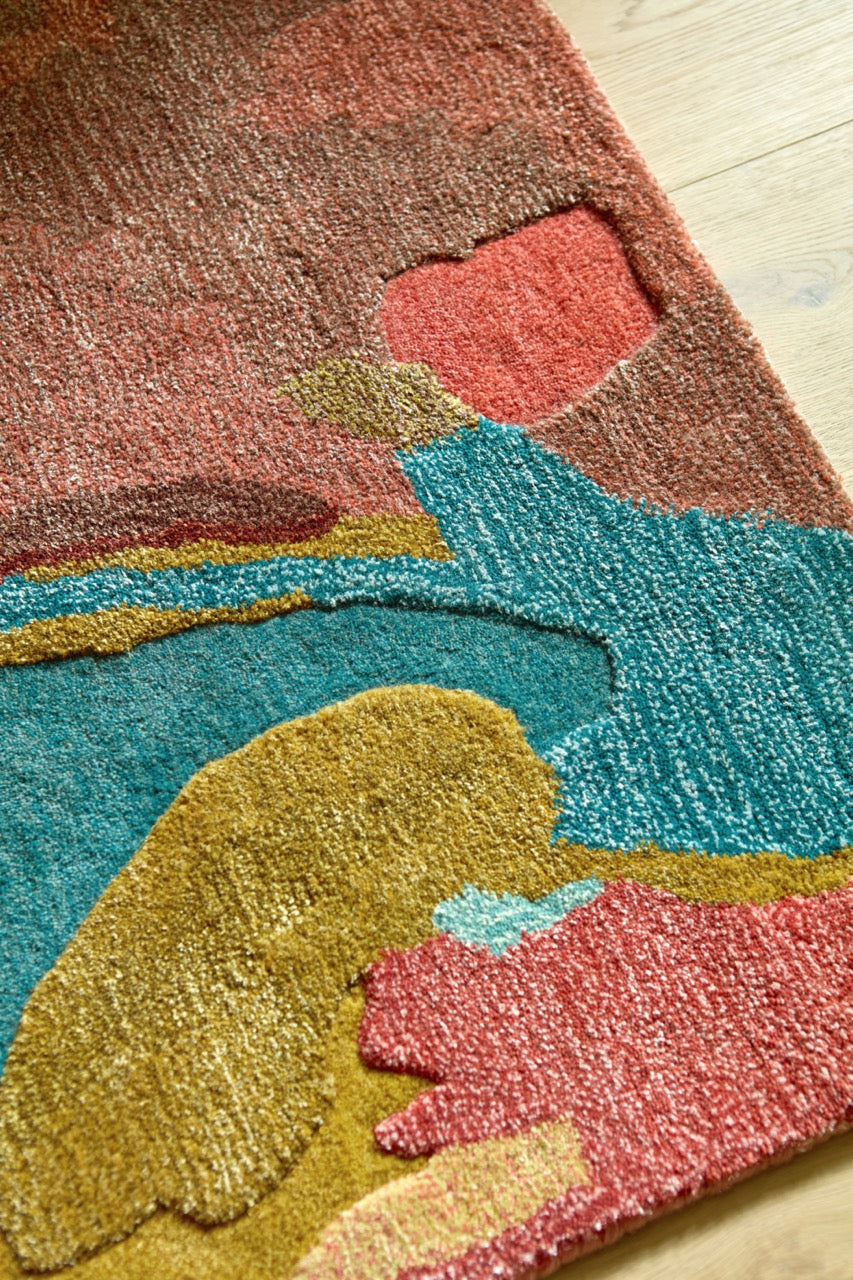  Close-up texture of Harlequin Foresta Rosewood wool-viscose rug showing hand-tufted quality