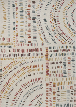 Harlequin Frescoes Amber rug in ivory with dashes in amber, rust and teal, top view