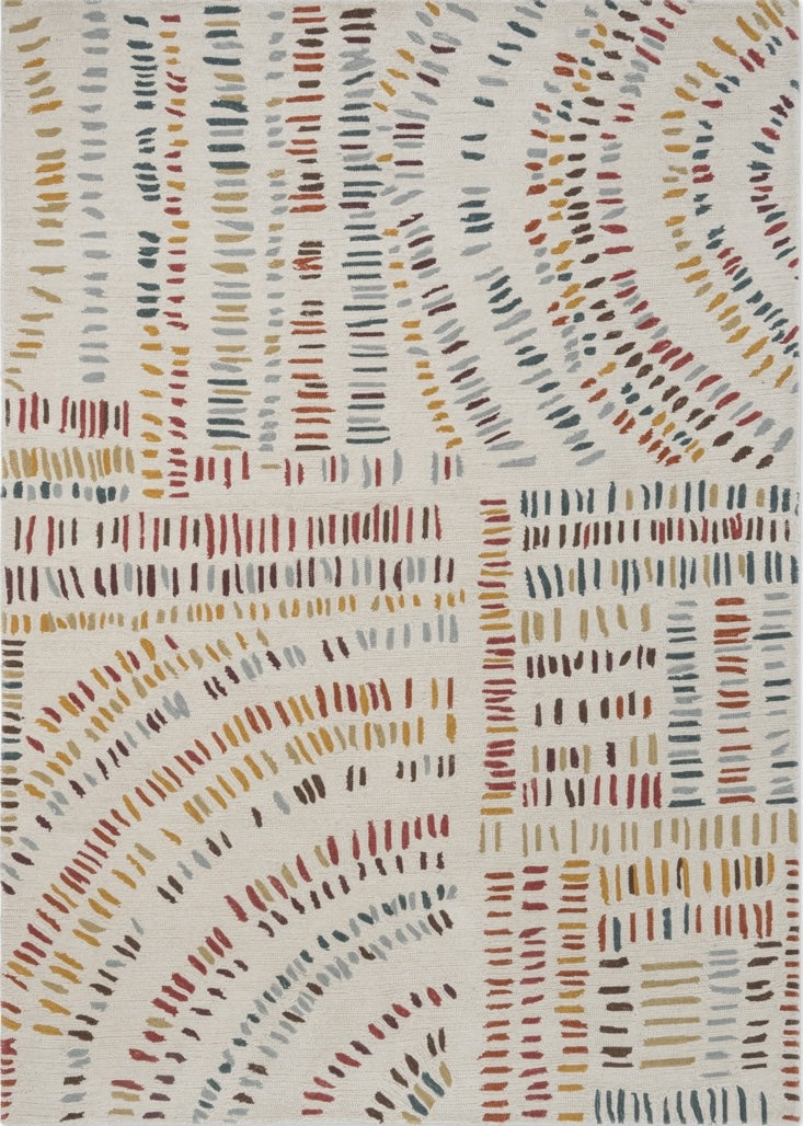Harlequin Frescoes Amber rug in ivory with dashes in amber, rust and teal, top view