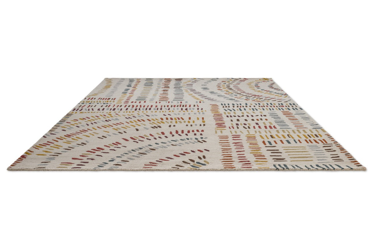 Harlequin Frescoes Amber rug in ivory with dashes in amber, rust and teal, perspective view