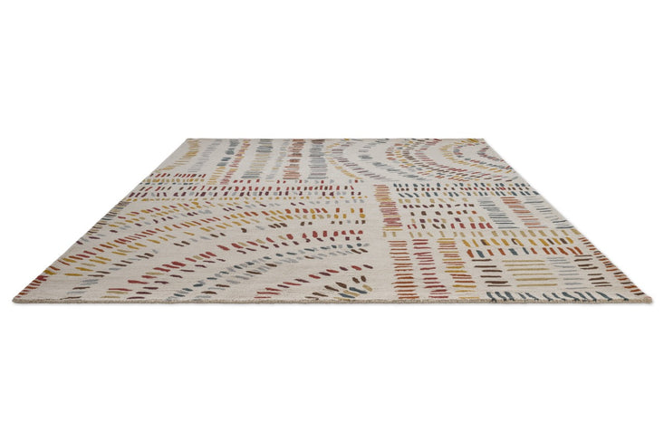 Harlequin Frescoes Amber rug in ivory with dashes in amber, rust and teal, perspective view