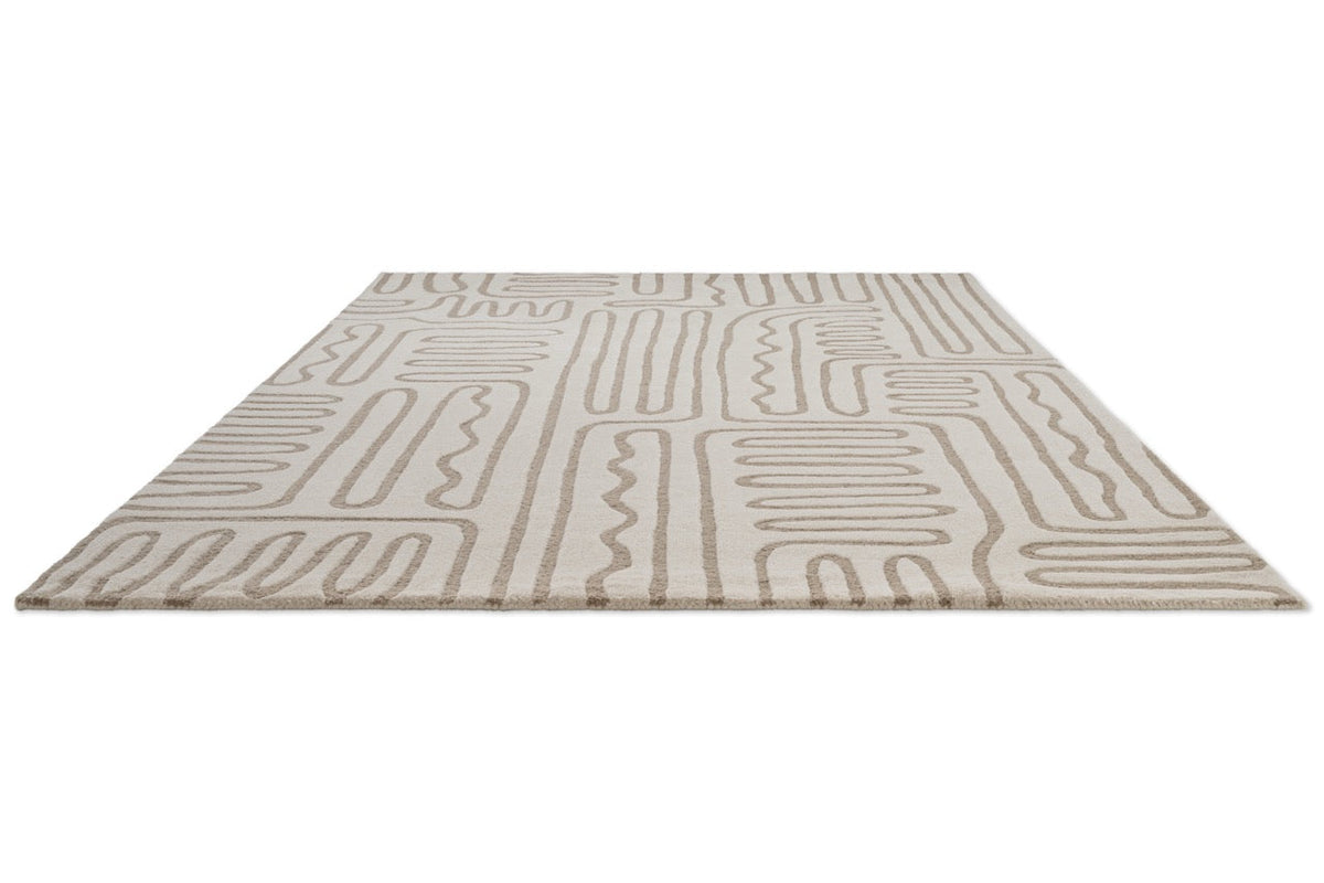 Harlequin Hollow Pebble rug in ivory with greige lines, perspective view