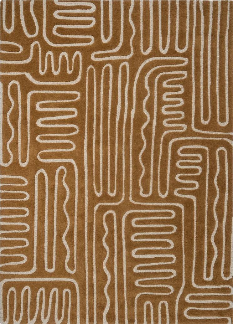 Harlequin Hollow Tan rug in caramel with ivory lines, top view