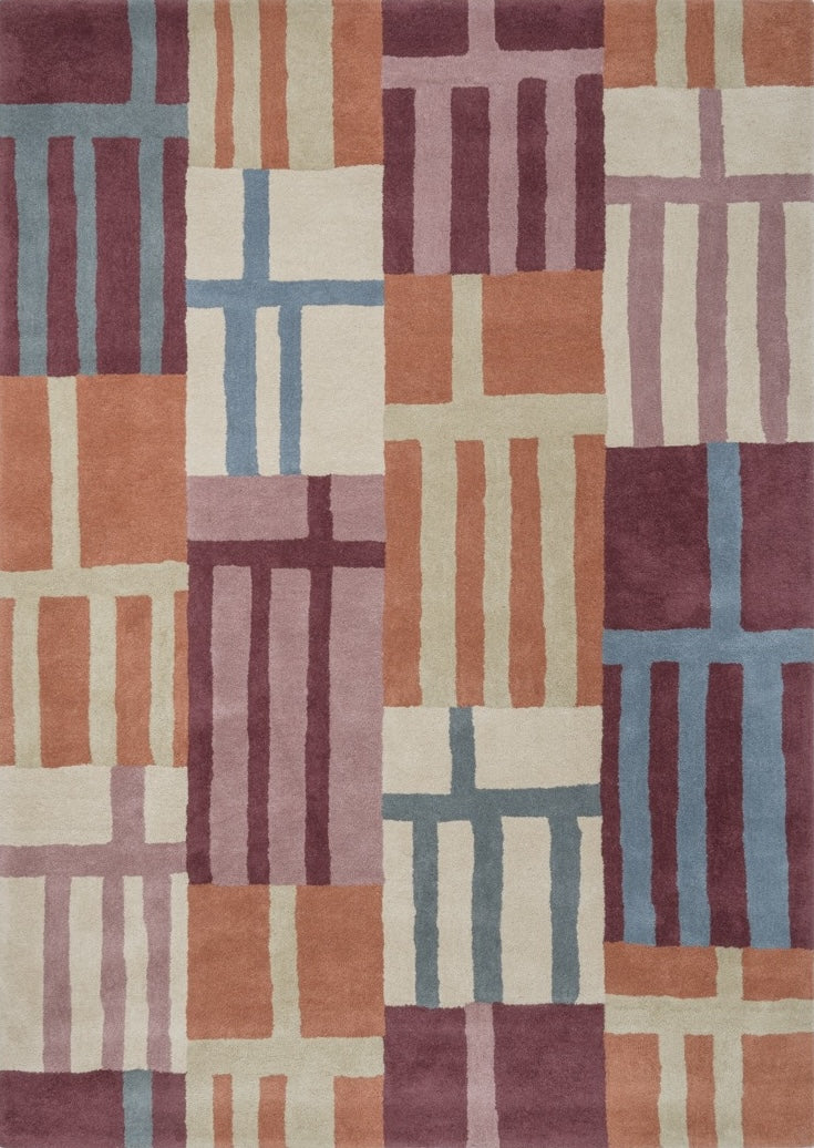 Harlequin Monolith Cinnabar Amber rug in burnt orange, wine red and denim blue, top view