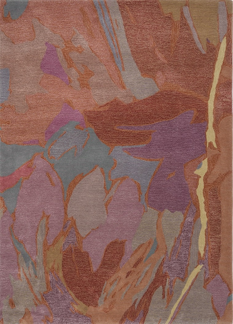 Harlequin Saltillo Rosewood rug in terracotta, rust and lilac, top view