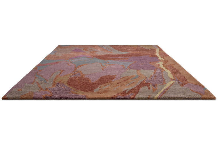 Harlequin Saltillo Rosewood rug in terracotta, rust and lilac, perspective view