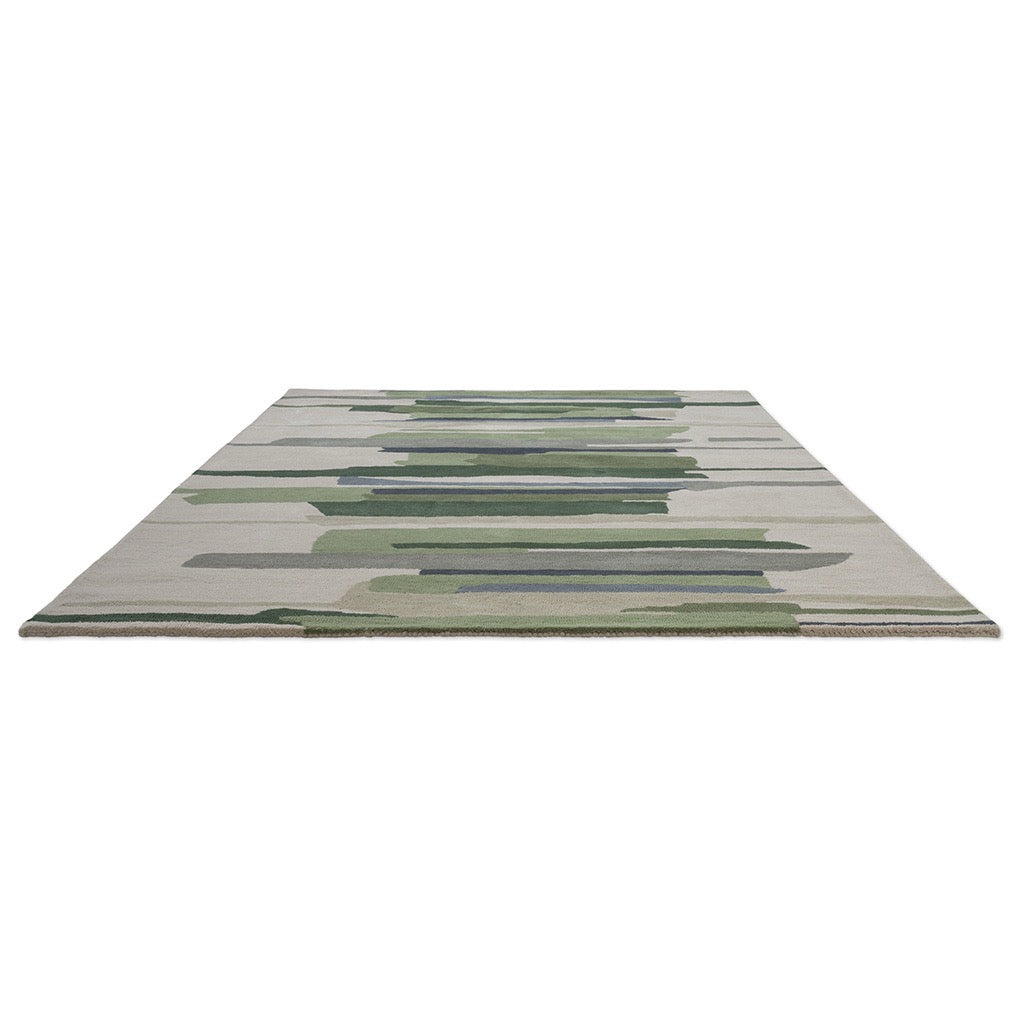Harlequin Zeal Forest rug in ivory with green brushstrokes, perspective view