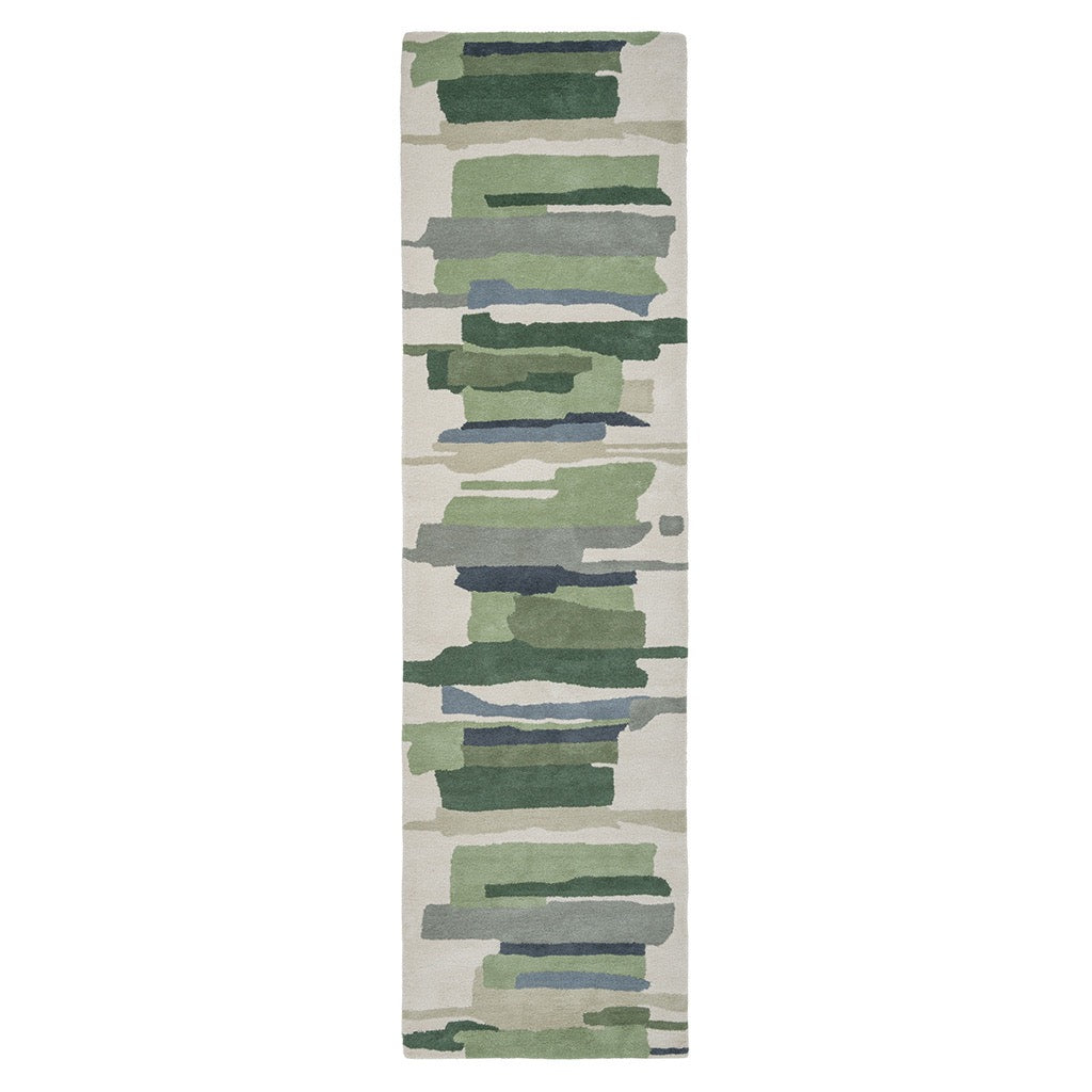 Harlequin Zeal Forest runner in ivory with green brushstrokes, top view