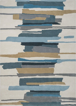 Harlequin Zeal Indigo rug in ivory with blue and ochre brushstrokes, top view