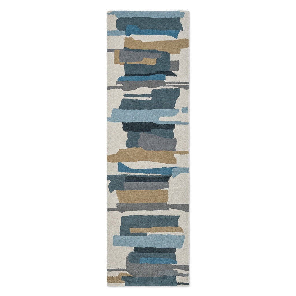 Harlequin Zeal Indigo runner in ivory with blue and ochre brushstrokes, top view