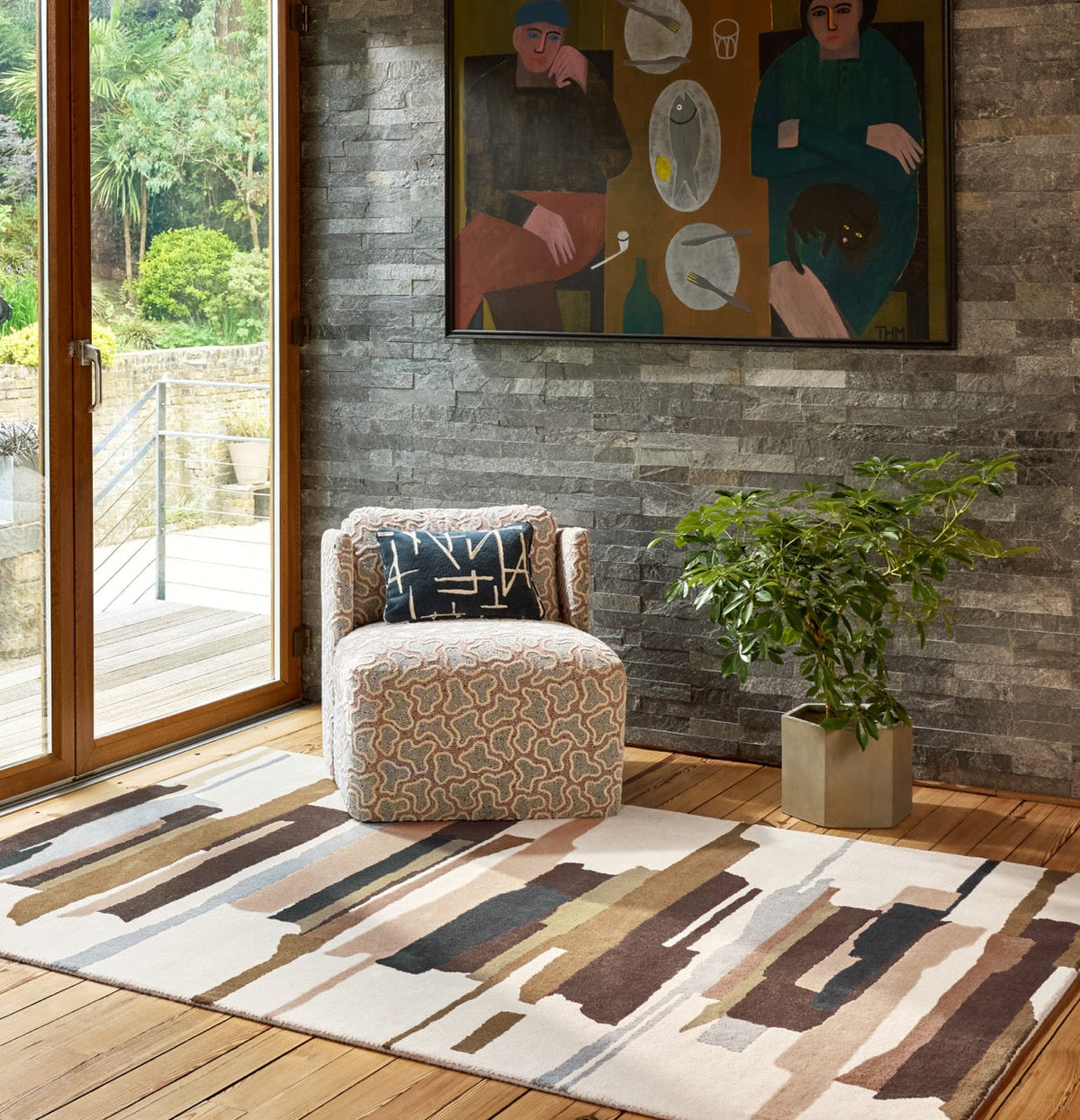 Harlequin Zeal Taupe rug in ivory with brown and blush brushstrokes, shown in an interior