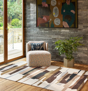 Harlequin Zeal Taupe rug in ivory with brown and blush brushstrokes, shown in an interior