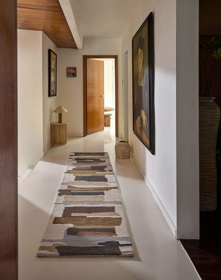 Harlequin Zeal Taupe runner in ivory with brown and blush brushstrokes, shown in an interior