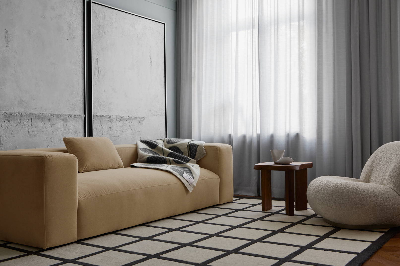  Layered Avenue Checked Bone White geometric rug in modern living room - classic black white wool area rug