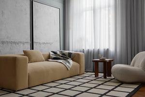  Layered Avenue Checked Bone White geometric rug in modern living room - classic black white wool area rug