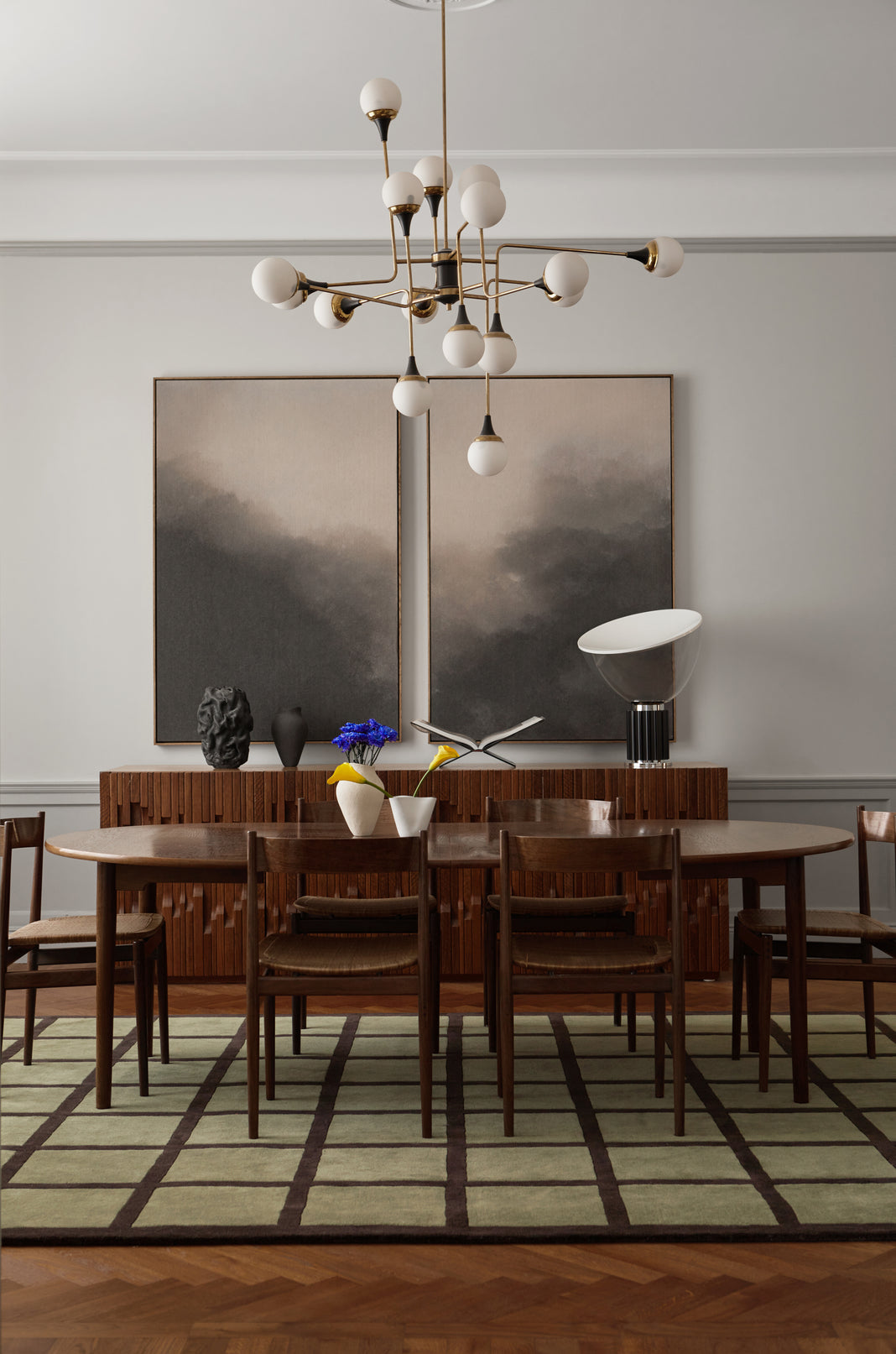 Layered Avenue Checked Olive rug styled in a modern living room with neutral furnishings and natural accents.

