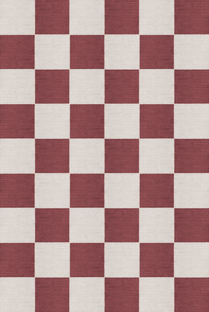 Top-down image of the Chess Flatweave Burgundy rug showing full checker layout in soft geometric rhythm


