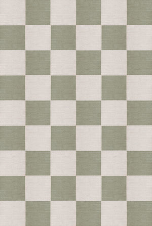 Top-down view of Chess Flatweave Sage rug showing full grid pattern in botanical green tones

