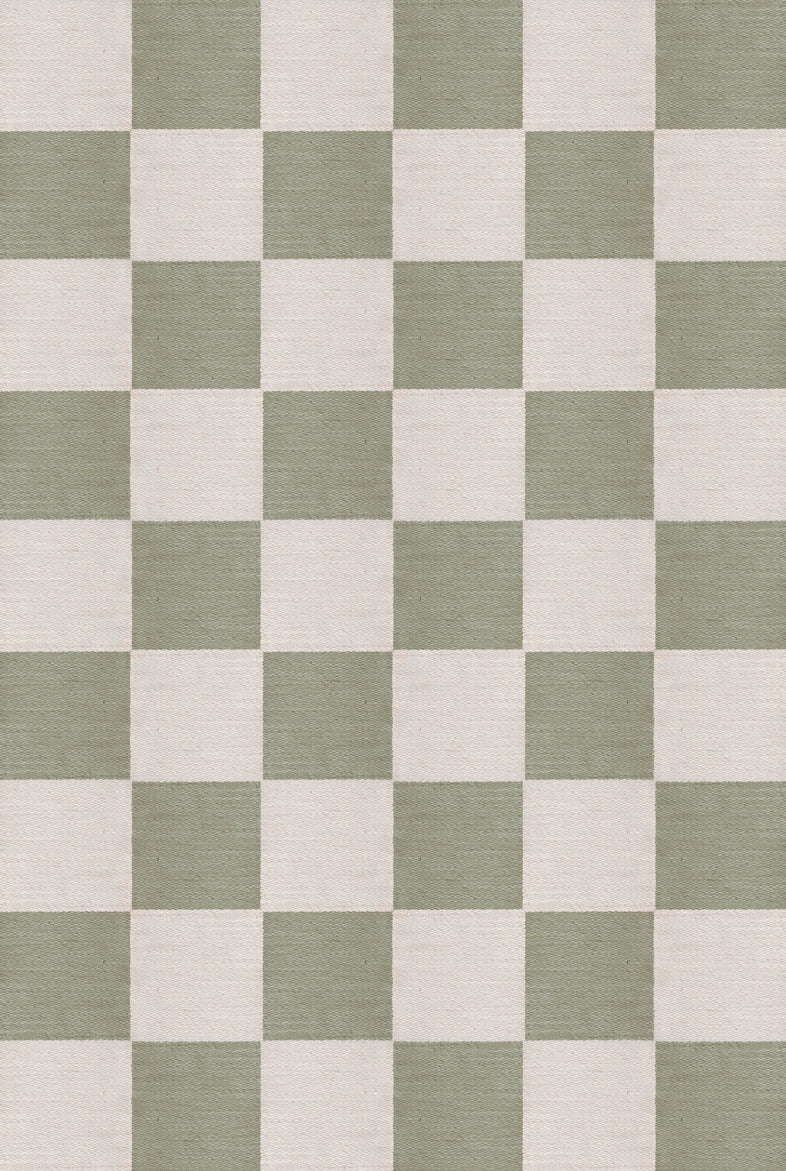 Top-down view of Chess Flatweave Sage rug showing full grid pattern in botanical green tones

