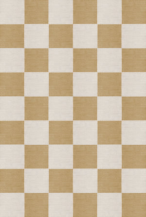 Top-down image of Layered Chess Flatweave in Harvest Yellow with full geometric pattern