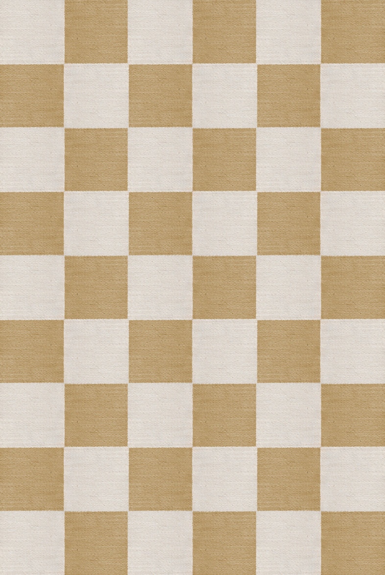 Top-down image of Layered Chess Flatweave in Harvest Yellow with full geometric pattern
