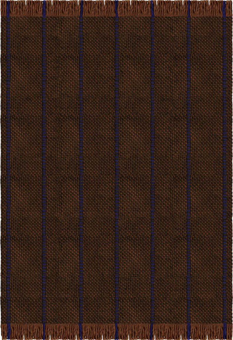 Brown Striped Wool Rug, Layered Cord Blue Brown, top view