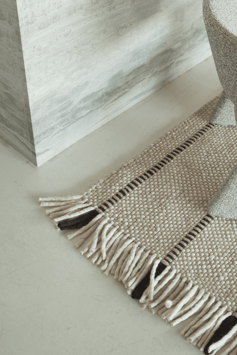 Black White Striped Wool Rug, Layered Cord, detail of the weave and fringes